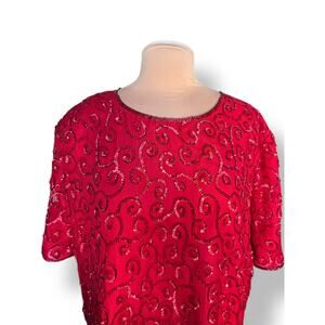 Vintage Joseph LeBon Red Silk‎ Sequin Swirl Beaded Blouse Plus Size 26W Evening